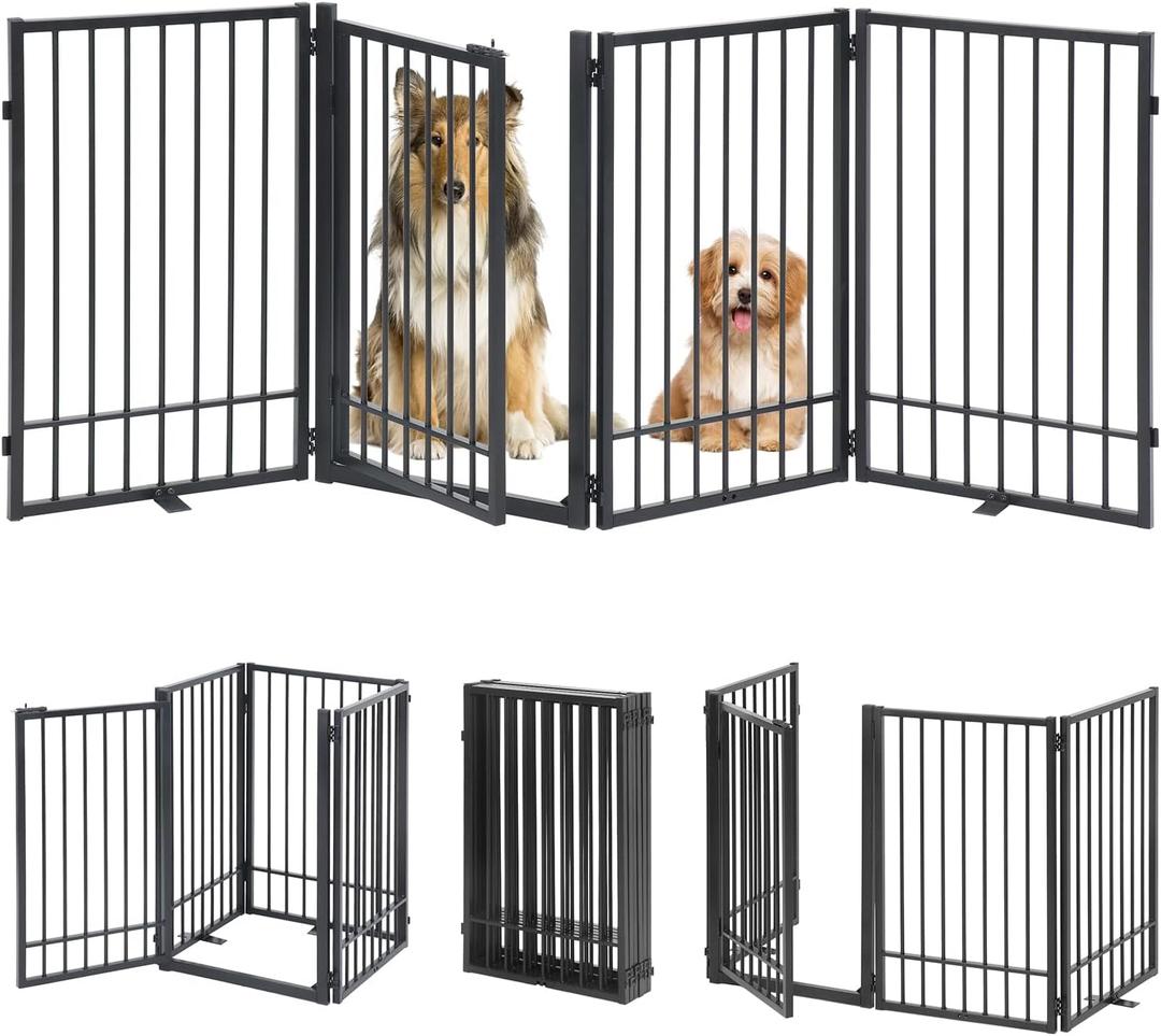Metal Freestanding Dog Gate with Door, Extra Wide 81", 31" Height Foldable Dog Gates for Doorways, Tall Pet Fence Indoor Pet Gates, 4 Panels Pet Barrier for Stairs Hallways, Black