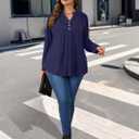 MONNURO Women's Plus Size Tops Henley V Neck Long Sleeve Button Down Shirts Blouses (Blue)