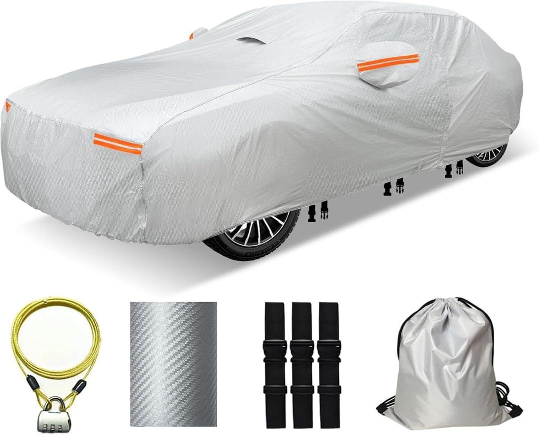30 Layers Heavy Duty Car Cover for Automobiles All Weather Waterproof, Outdoor Snowproof UV Protection Windproof, Door Zipper, Soft Cotton Universal Car Covers (Silver, Fit Sedans191-200)