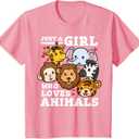Kids Zoo Animals Elephant Giraffe T-Shirt (Pink, XS)