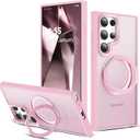 Compatible with Samsung Galaxy S22 & S23 Ultra Case with 360Rotatable Magnetic Ring Stand Compatible with Mag-Safe Military Protection Shockproof Translucent Phone Case,Pink