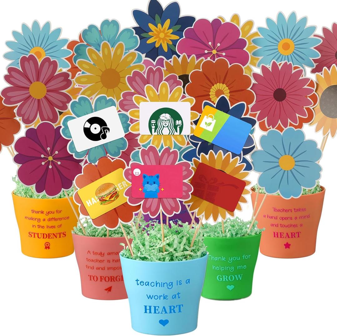 Yookeer 12 Sets Back to School Teacher Gift Card Flower Bouquet Pot Basket DIY 12 Pots 80 Flower Cardstocks 12 Thank Stickers with Bamboo Sticks and Raffia DIY Craft Back to School Gift