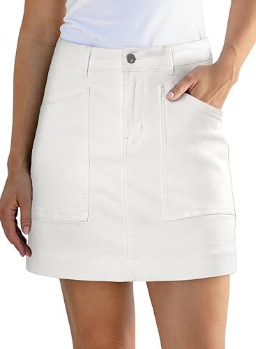 Sidefeel Women's Jean Skirt High Waisted Stretch Casual Summer Zimbaplatinum Denim Skirt with Pockets, White, XXL
