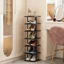 SORCEDAS 7 Tiers Vertical Shoe Rack Wooden Shoe Storage Organizer for Space Saving Narrow Shoe Shelf Storage 7 Pairs for Entryway Living Room Bedroom(Black + Rustic Dark Brown)
