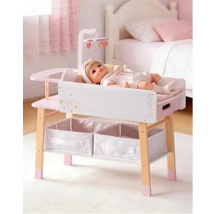 ROBOTIME 18 Inch Doll Changing Table, Wooden Baby Doll Bed with Storage Bins & Drawer, Pink Doll Nursery Furniture for 18 Inch Dolls, Baby Doll Furniture for Pretend Play