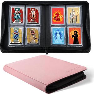 WITHYU Toploader Binder Holds 128 Top Loaders, 4 Pocket Ringless Card Holder for 3" x 4" Rigid Cards, Trading Card Album Small Top Loader Binder for Sports, TCG, MTG (Pink)