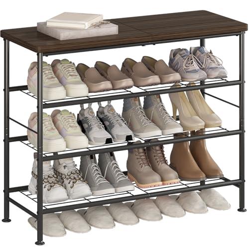 Shoe Rack Organizer 4 Tier for Closet Entryway Free Standing Metal Storage Shoe Shelf with MDF Top Board，Black