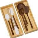 Kitchen Drawer Organizer Bins, Stackable Bamboo Deep Drawer Organizer for Silverware, Utensils, Cutlery, Flatware, Junk Drawer, Dresser, Bathroom, 15" x 6" x 2.5" (Set of 2)