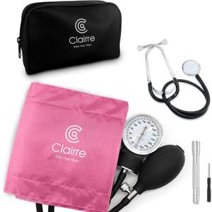 Clairre Professional Blood Pressure Cuff and Stethoscope Kit & Carrying Bag with Penlight, Aneroid Sphygmomanometer for Medical Students & Home Adult BP Monitoring, Pink