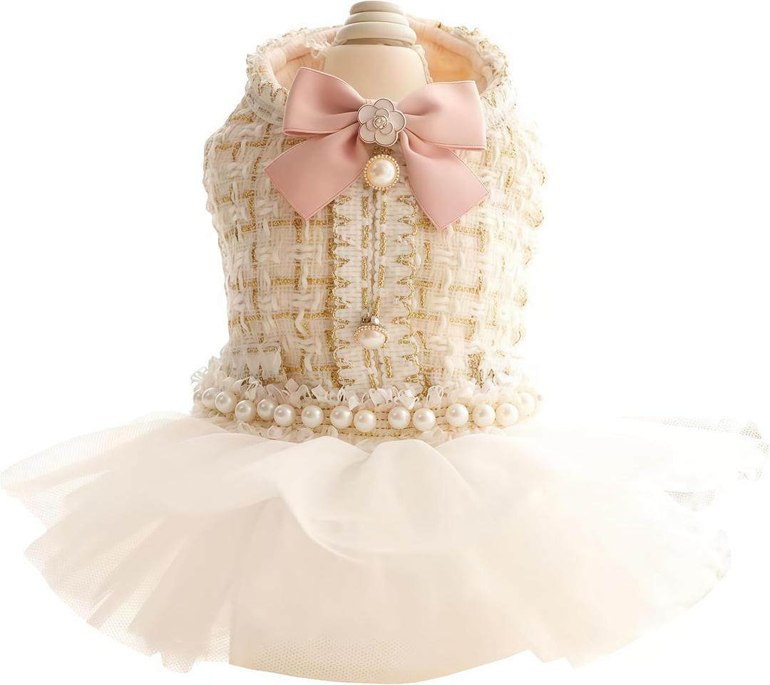 Luxury Pink Tweed Dog Dress & Cat Wedding Dress, Pearl Bow Princess Pet Formal Outfit with Structured Fit, Soft Lining & Tulle Skirt for Small Dogs and Cats(M)