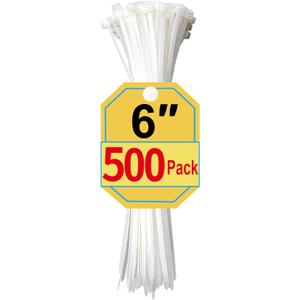 Zip Ties 6 Inch, 500 Pack, White Cable Ties for Multi-Purpose, Nylon/Plastic Wire Ties for Home Improvement, Office & Outdoor Use (Clear-Colored Style), 25lb Tensile Strength.