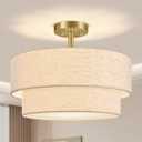AUQUEE 16.5" Semi Flush Mount Ceiling Light, 3-Light Gold Ceiling Light Fixture with Linen Fabric Shade, Double Drum Modern Close to Ceiling Light for Bedroom, Hallway, Kitchen, Entryway, Dining Room