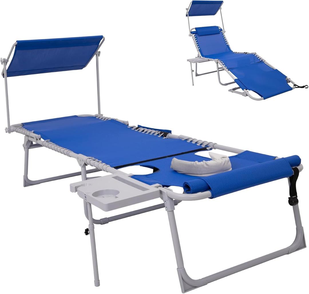 #WEJOY Tanning Chair with Face Hole & Canopy & Side Table, 5 Positions Adjustable Sunbathing Lounge Chair Facedown Chaise Lounge with Pillow Quick Dry for Beach Pool Outdoor Camping Patio,Darkblue