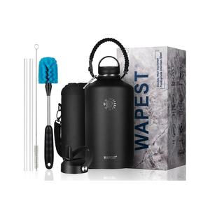One Gallon Water Bottle - WAPEST 128 oz Large Water Jug Double Walled Vacuum Stainless Steel Insulated Water Bottle with Paracord Handle, Bottle Brush, Carrying Pouch & 2 Lids - Leakproof, Black