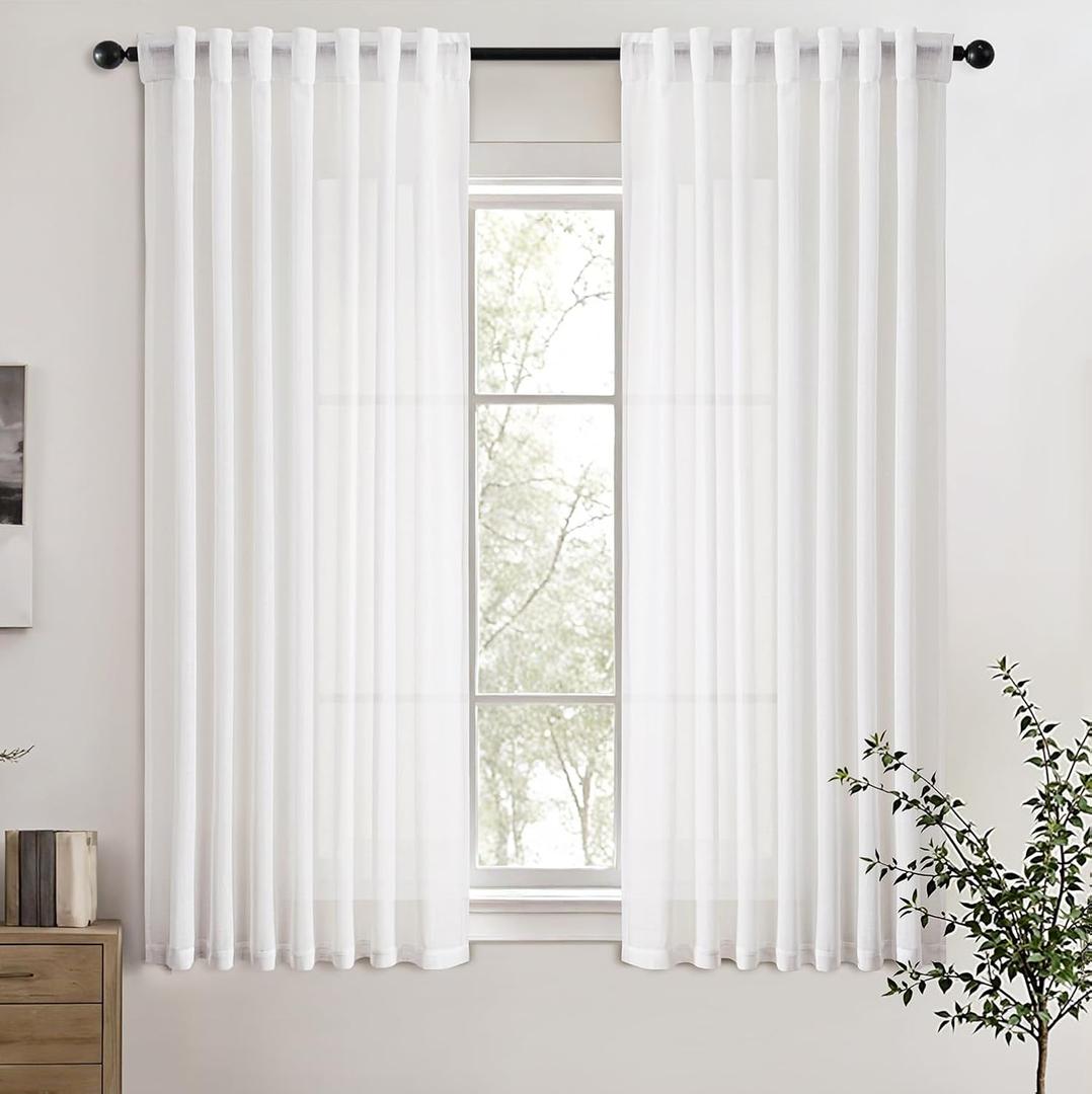 White Linen Blend Short Kitchen Curtains 45 Inch Length 2 Panel Set Semi Sheer Light Filtering Back Tab Rod Pocket Drapes Modern Farmhosue Small Curtains for Cafe Bathroom Living Room 45 Inches Long