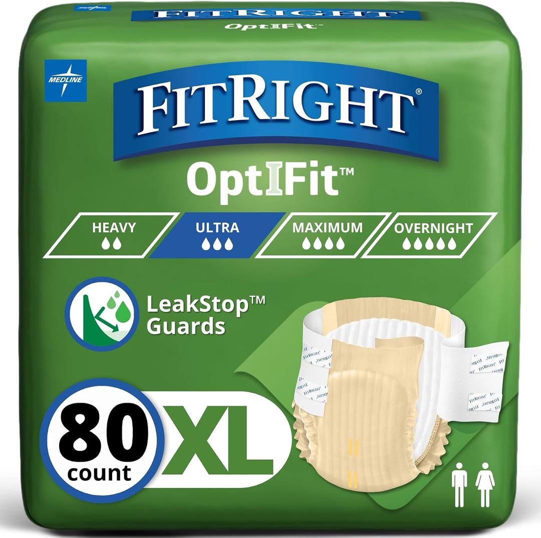 FitRight Ultra Heavy Absorbency Adult Diapers for Men & Women, Waist Size: X-Large 56-64 inches, OptiFit Incontinence Disposable Briefs with Leak Protection for Seniors, 80 Count