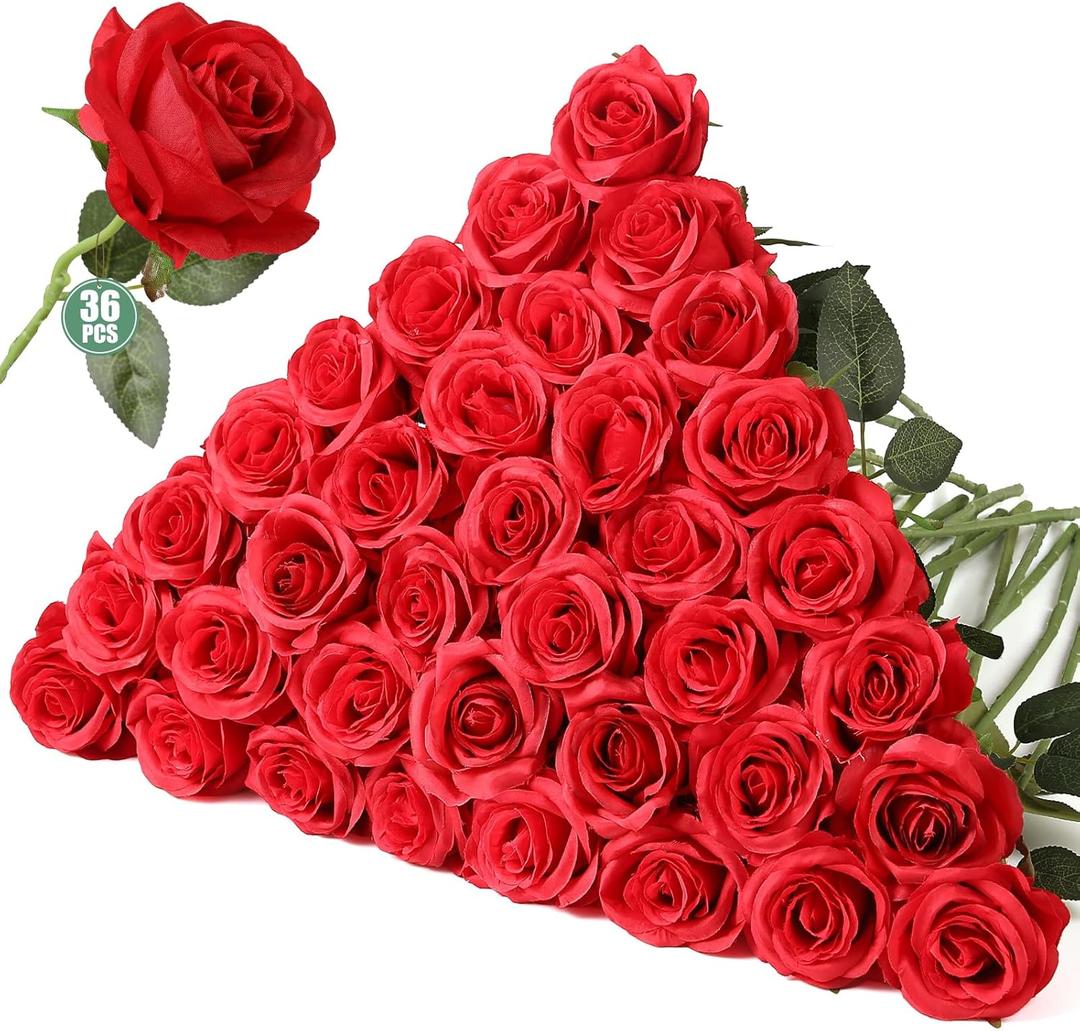 Tifuly 36 Pcs Roses Artificial Flowers in Bulk, Realistic Long Stem Fake Silk Roses for Party Home Wedding Centerpiece Office DIY Bouquets Decor Red