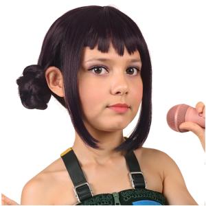 ColorGround Short Black Purple Cosplay Wig with 2 Buns for Halloween Party Costume, Small Size