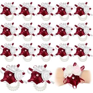 Zeyune 18 Pcs Wrist Corsages for Prom Wedding Artificial Rose Wristlet Corsage Hand Flower for Mother of Bride and Groom, Bridal, Bridesmaid Wedding Supplies (Red)