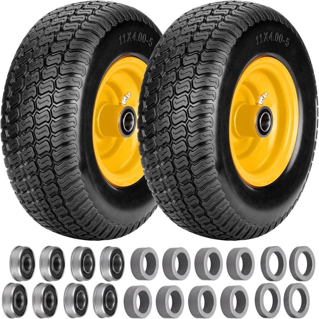 11x4.00-5 Lawn Mower Tires Flat Free, Zero Turn Mower Front Tires, 11x4-5 Solid Lawn Tractor Wheel with Rims, 3/4" or 5/8" & 1/2" Precision Bearings, 3.4"-3.9"-4.9"-5.9" Center Hub (2 Pack Yellow)