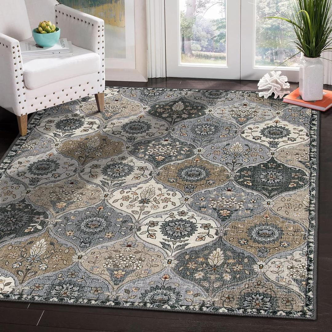 Lahome Moroccan Machine Washable Area Rugs, 4x6 Rug for Living Room Bedroom, Soft Non-Slip Rug Vintage Trellis Ultra-Thin Throw Carpet for Dining Room Office Elise, Grey