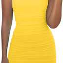 Mizoci Women's Sexy Sleeveless Ruched Spaghetti Strap Bodycon Mini Club Party Dress, X-Small, Yellow
