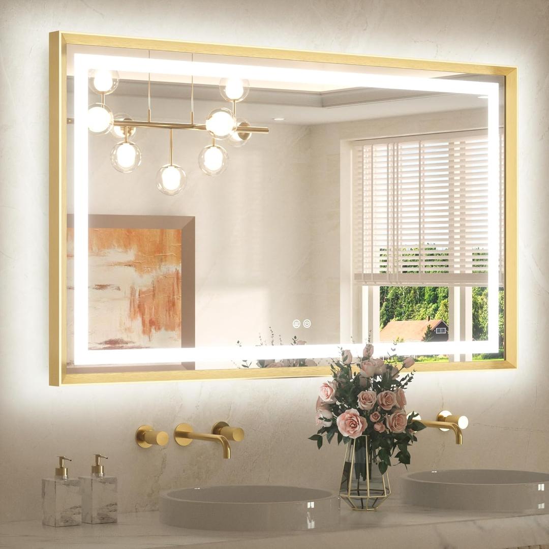 TETOTE 48 x 30 Large Bathroom Mirror Brushed Gold Metal Frame Frontlit & Backlit Vanity Mirror 3 Colors White/Warm/Natural Stepless Dimmable Anti-Fog Bathroom Mirrors for Vanity Wall-Mounted