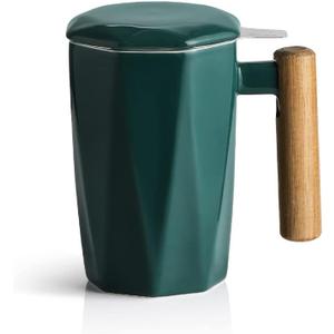 Sweejar Ceramic Tea Infuser Cup with Lid, Wooden Handle Teacup with Strainers for Loose Leaf Tea, 17 oz Geometric Shape Coffee Mug, Steeping Mug with Infuser, Women Christmas Gift (Jade)