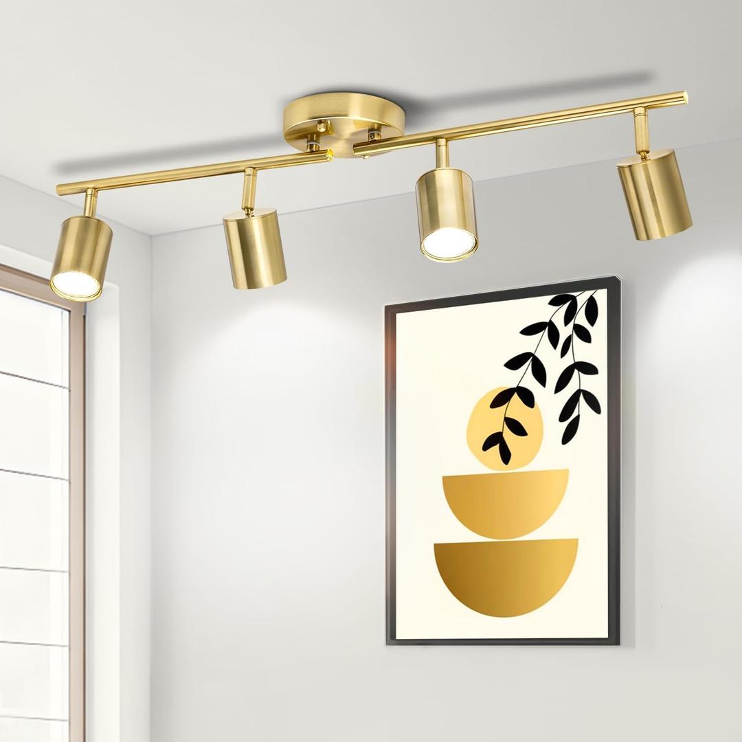 4 Ways Track Lighting, Rotatable Heads Tracks Light, Track Lightings Fixtures Ceiling with Foldable Arms, Brushed Gold Tracks Light for Kitchen, Living Room, Hallway(Bulbs Not Included)
