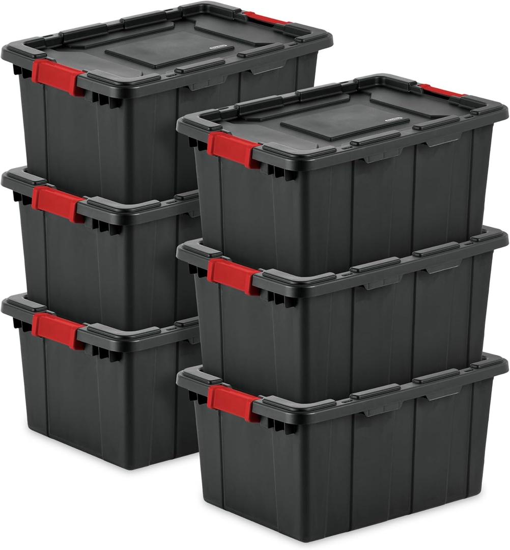 Sterilite 6-Pack Industrial Tote, Plastic Storage Bins with Lids, 15 Gallon, Black - Heavy-Duty Organizing Containers for Closet, Bathroom, and Office