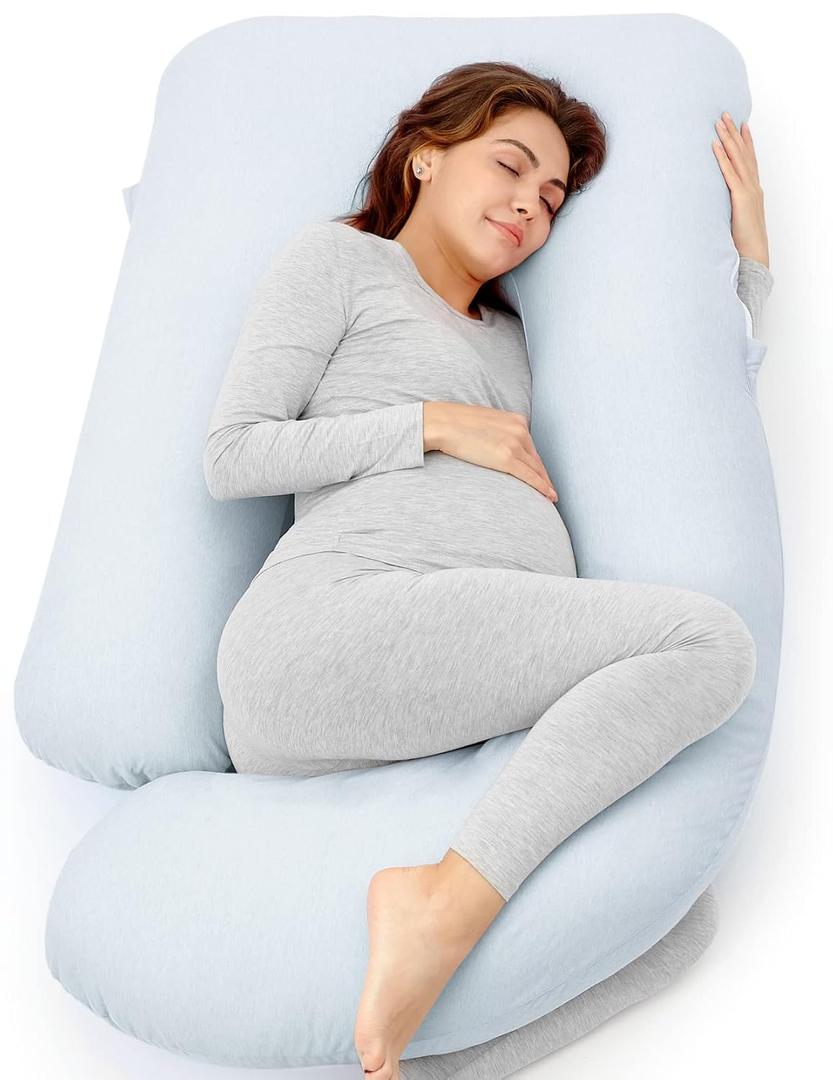 Momcozy Pregnancy Pillows for Sleeping, U Shaped Full Body Pillow 57 Inch for Pregnant Women with Back, Hip, Leg, Belly Support, Washable Jersey Cotton Cover Included, Light Blue (Light Blue)