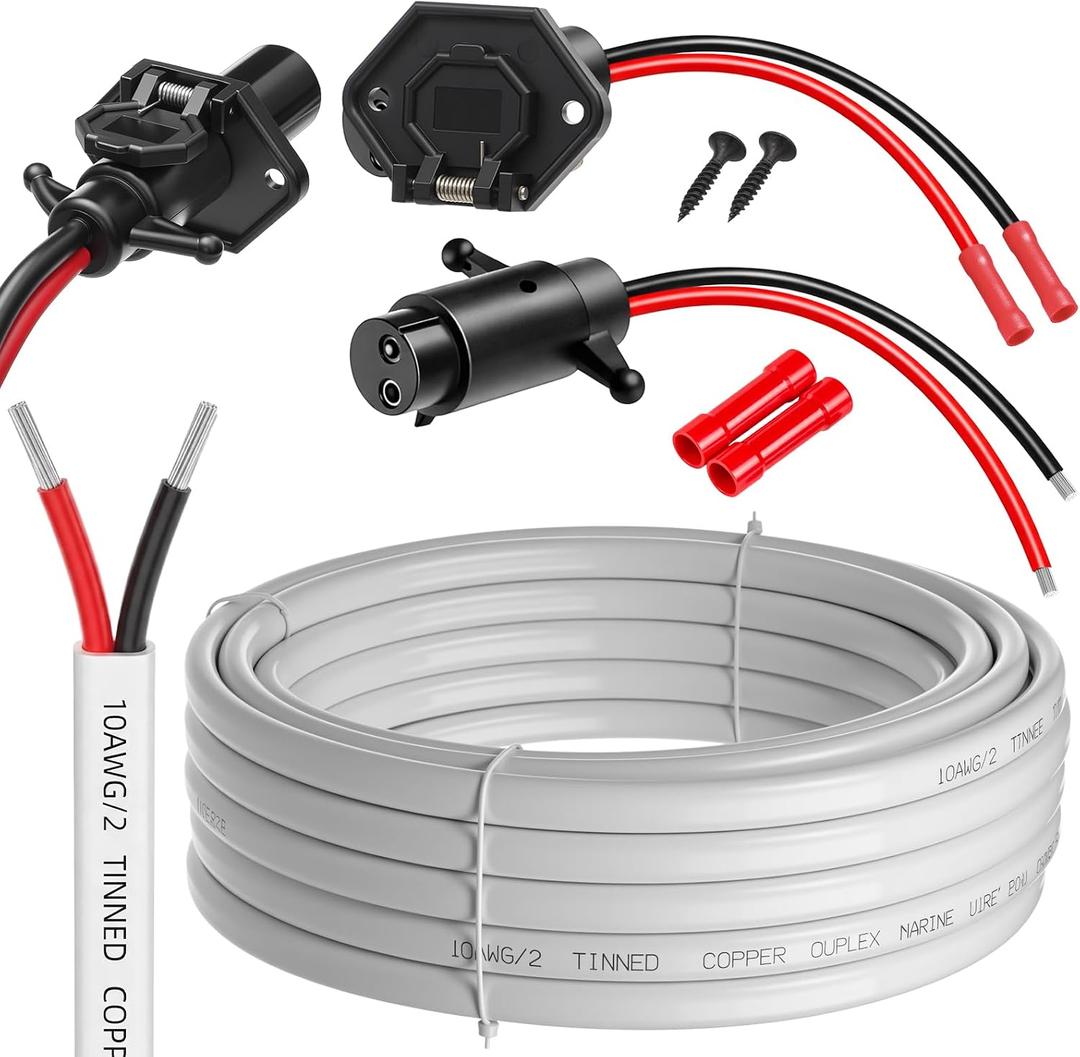 BBTO 2 Pack 10 Gauge Marine Wire 30Ft Duplex Tinned Copper Marine Wire and 12v-24v 8 Gauge Waterproof Trolling Motor Plug for Sailboat Yacht Fishing Boat RV Trailer Camper