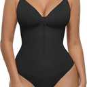 FeelinGirl Shapewear Bodysuit Tummy Control for Women Zip-Up Shapewear Thong Waist V Neck Body Shaper Going Out (Small, Black)