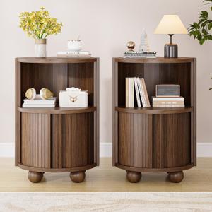 Decofy Modern Round Nightstands Set of 2 with Sliding Doors and 2 Storage Shelves, Modern Bedside End Table, Suitable for Bedroom (Walnut)