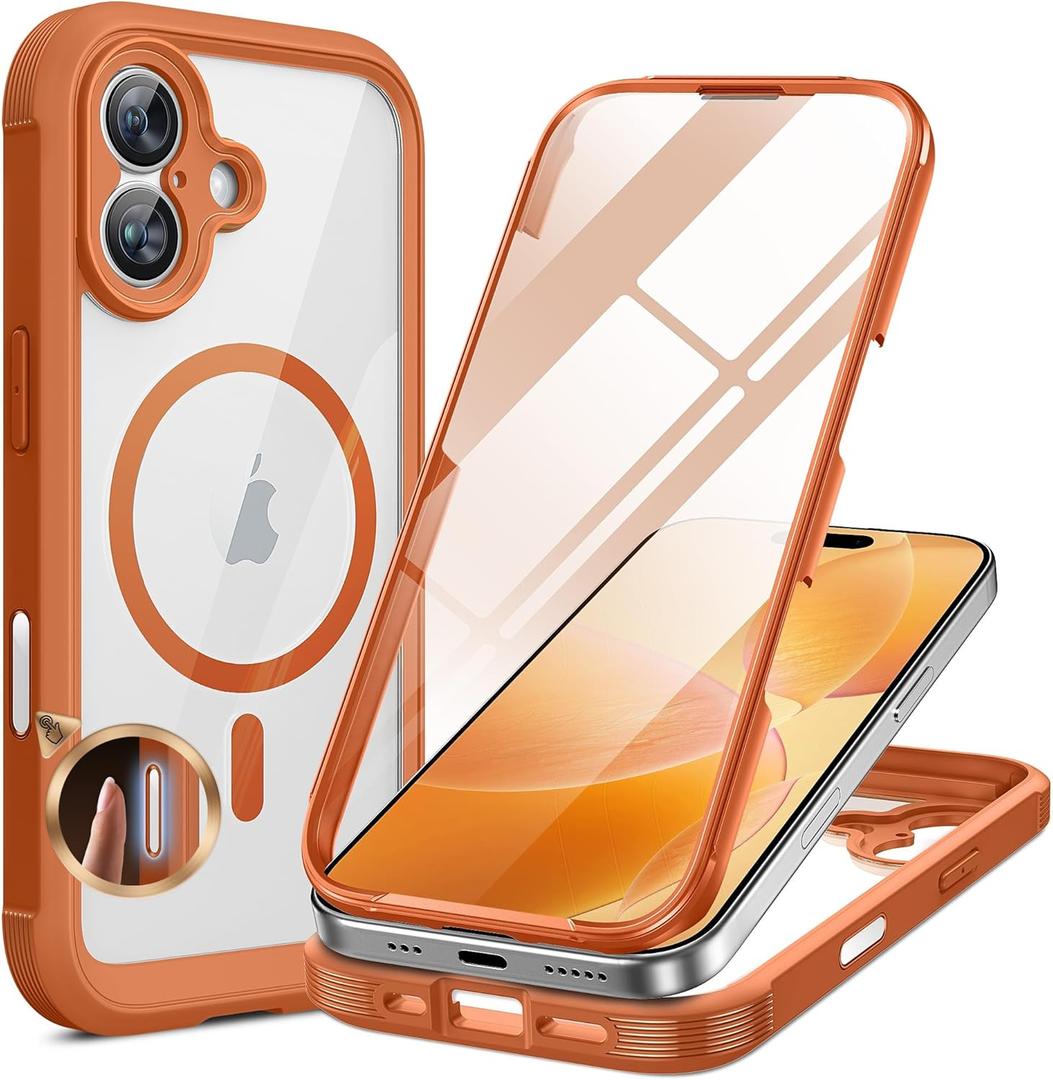 Miracase for iPhone 17 Case 6.3'', Full-Body Military Grade Drop Protection Outdoor Phone case with Built-in Glass Screen &Camera Control,Easy Installation,No Gap,Compatible with MagSafe, Orange