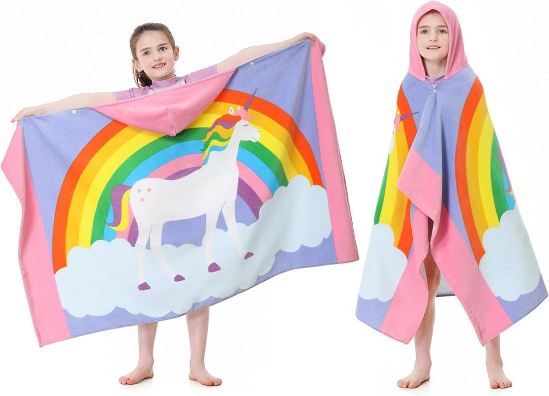 MOKANI Kids Cotton Hooded Towels | Super Soft & Thick & Super Absorbent | 50" x 30" Beach Bath Swimming Towels for Girls Boys Ages 3-12 (Unicorn)