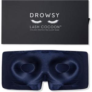 DROWSY Eyelash Protecting Silk Sleep Mask for Natural Lashes & Extensions. Deep Eye Cups, Zero Pressure, Total Blackout, Full Wraparound (Midnight Blue)