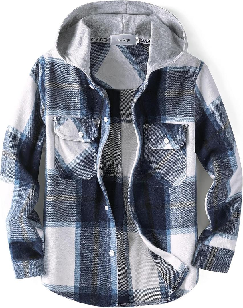 Boys Girls Casual Flannel Plaid Hoodies Fall Fashion Button Down Shirts Long Sleeve Cute Lightweight Jacket Coats (5-6 Years, Blue White)
