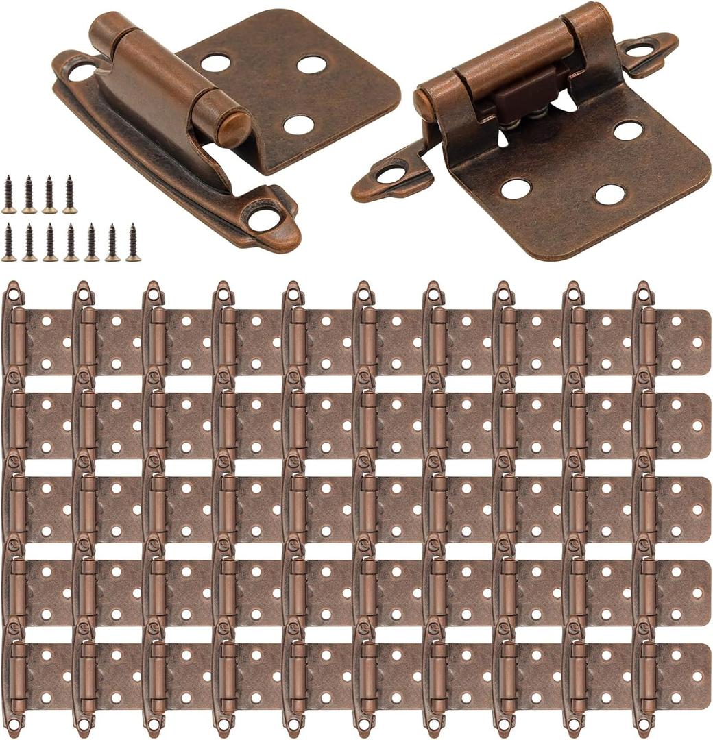 SHUTTLE GENIUS 1/2 Inch Overlay Cabinet Hinges, Antique Copper, 50 Pack(25 Pairs), Self Closing, Semi-Concealed Face Mount