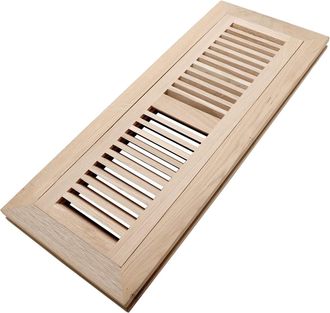 Oak Floor Register for 4x14 Inch Duct Holes - Flush Mount Floor Vent with Metal Damper - White Wooden Vent Covers for Home Floor - 0.8 Inch Thickness - Unfinished