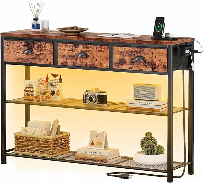 Furologee Console Table with Charging Station & 3 Fabric Drawers, 38'' Entryway Table with Storage Shelves and LED Light for Entry Way, Industrial Display Shelf for Hallway, Foyer, Rustic Brown