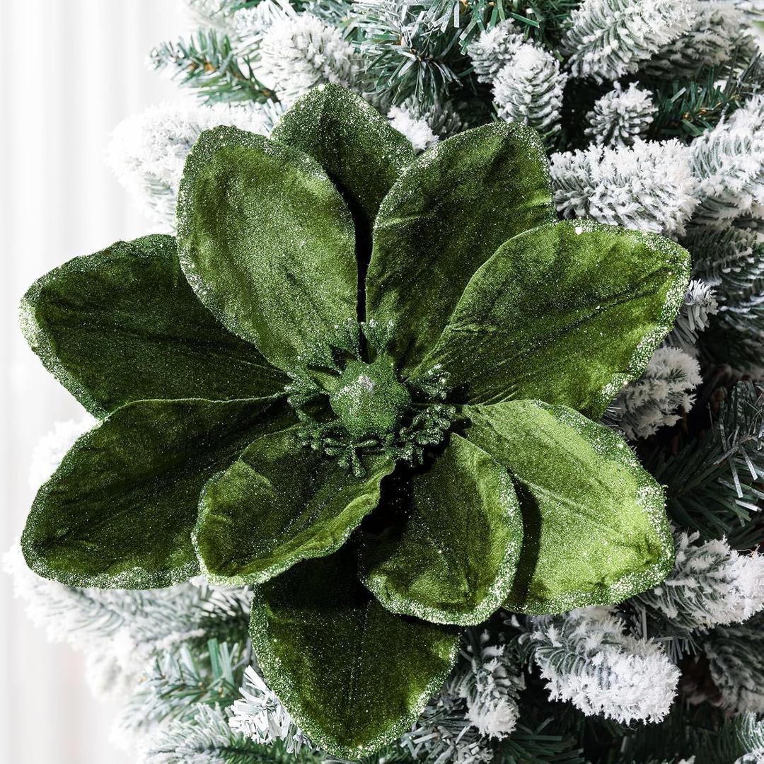 Thiccywoov 8 Pcs Large Christmas Flower Magnolia Flowers Christmas Tree Decoration Artificial Poinsettia Stems Velvet Xmas Ornaments for Xmas Tree Table Decor (Forest Green,12 Inch)