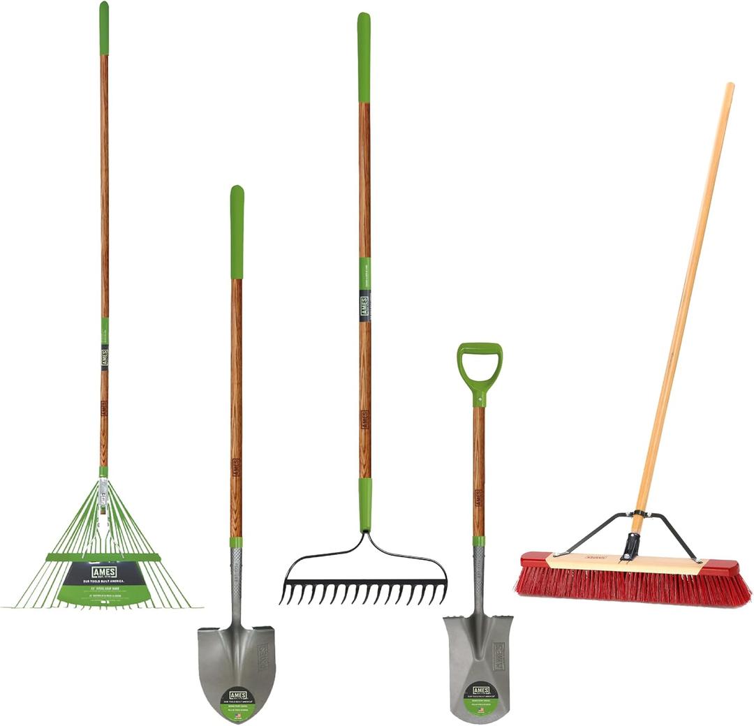AMES 5-pc. New Homeowner Long Handle Tool Kit with Lawn Rake, Digging Shovel, Garden Rake, Border Spade, and Push Broom