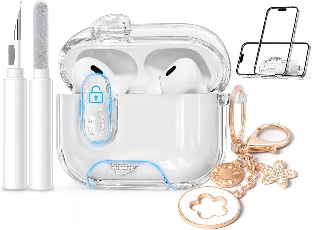 (with Lock) Clear Case Compatible for Cute Apple Airpods Pro 1/2 Cases Women, TPU Transparency Air pods Pro 1st 2nd Generation Earbuds Case Bling Keychain for Airpod iPod Pro2/1