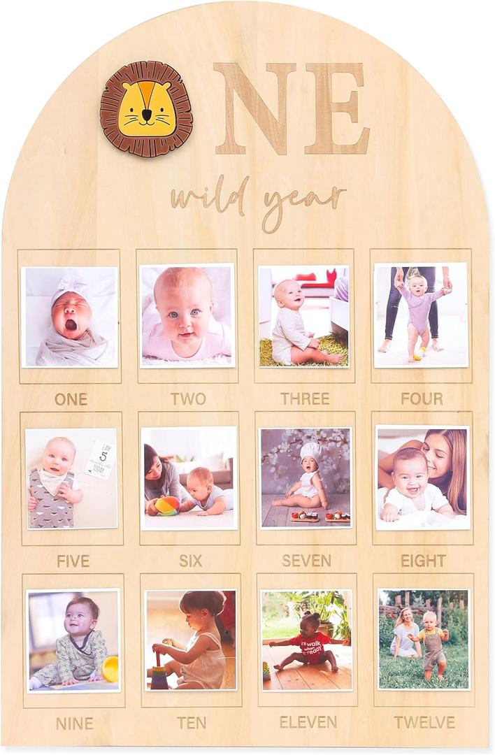 One Wild Year Photo Wood Board - Jungle Lion 1st Birthday Decorations, Newborn First Year Monthly Milestone Photos, Little Lion 1 To 12 Months Photo Display, Wild One Birthday Wooden Photo Board (Lion Photo Board)
