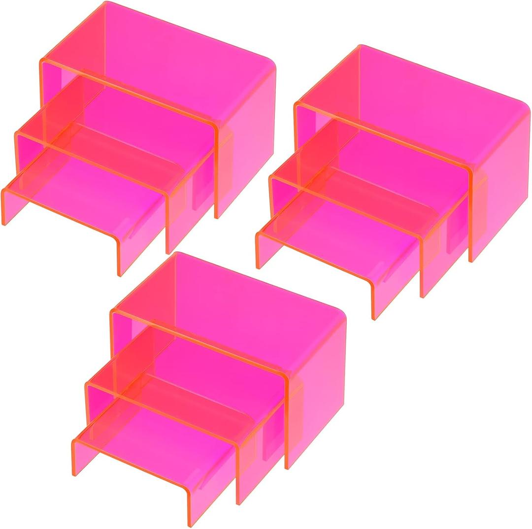 Qunclay 9 Pieces Neon Pink Acrylic Display Risers Stand Shelf Acrylic Retail Desktop Jewelry Display Riser Showcase Fixtures for Dessert Cupcake Figure Collectibles Party(Neon Pink)