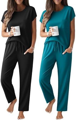 Ekouaer 2 Packs Pajamas for Women Set Cap Sleeve Top and Pants Soft Sleepwear Comfy Pjs Set with Pockets Lounge Set, XXL