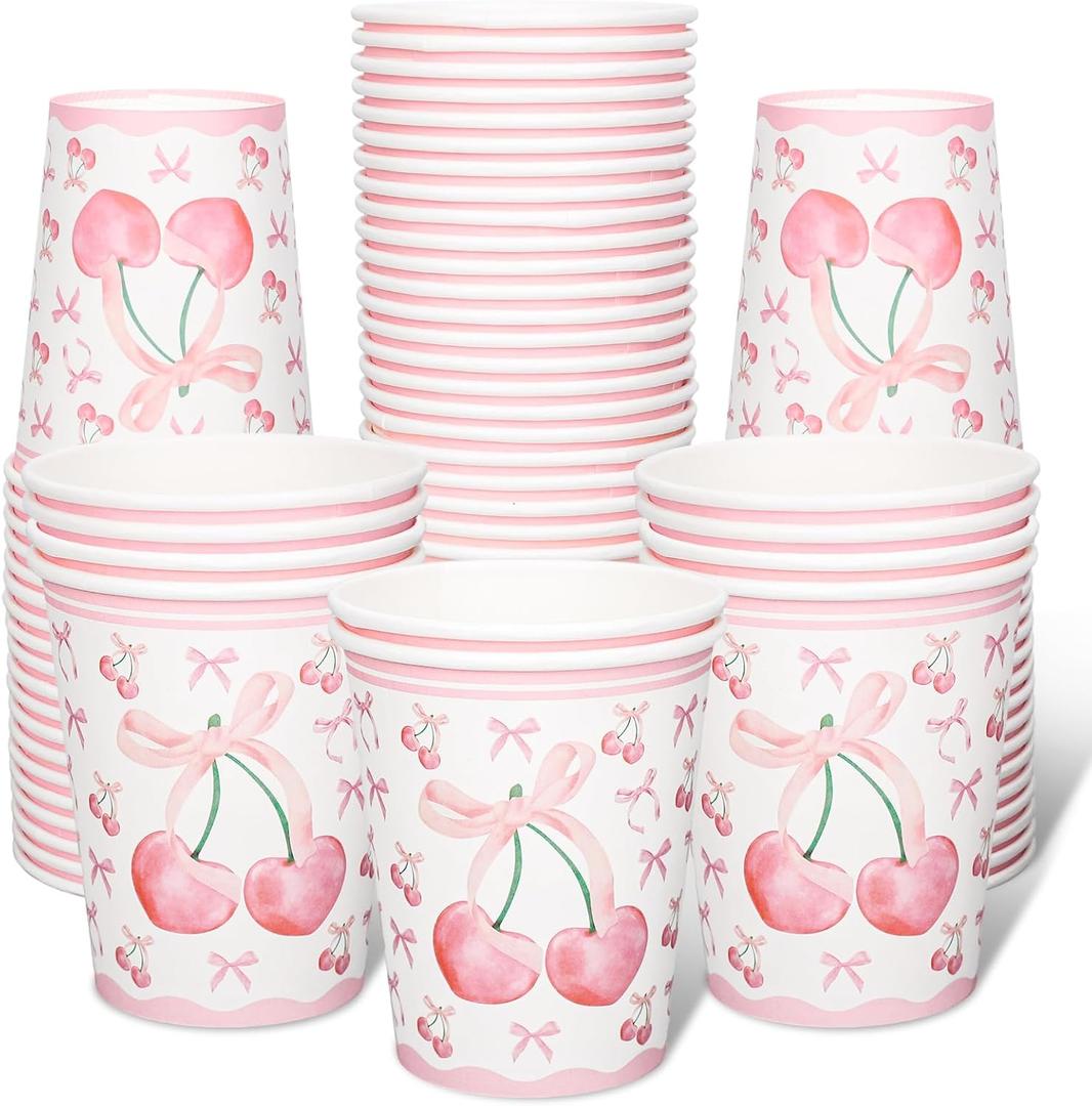 FYSUIMU 100 Pcs Pink Bow Cherry Paper Cups Coquette Bowknot The Cherry on Top Disposable Cups 9 oz Party Drinkware for Hot Cold Drinks Holiday Bachelorette Baby Shower Cherries Birthday Decorations