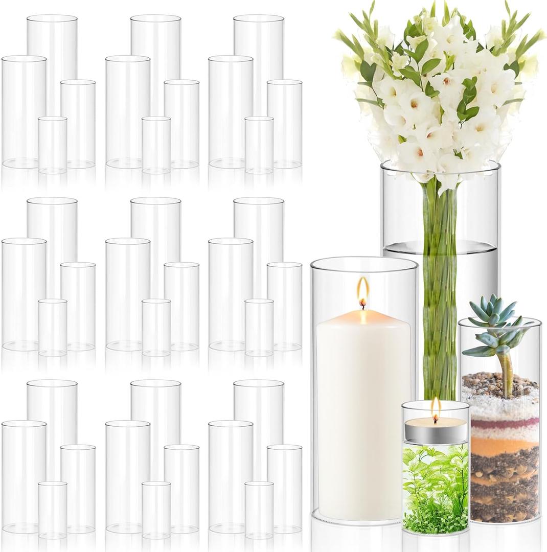 Scawim 48Pcs Clear Vases for Centerpieces, 4, 6, 8, 10 Inch Glass Cylinder Vases, Tall Hurricane Flower Vase Bulk for Flower Arrangements, Hurricane Candle Holder for Table, Home, Party, Wedding Decor