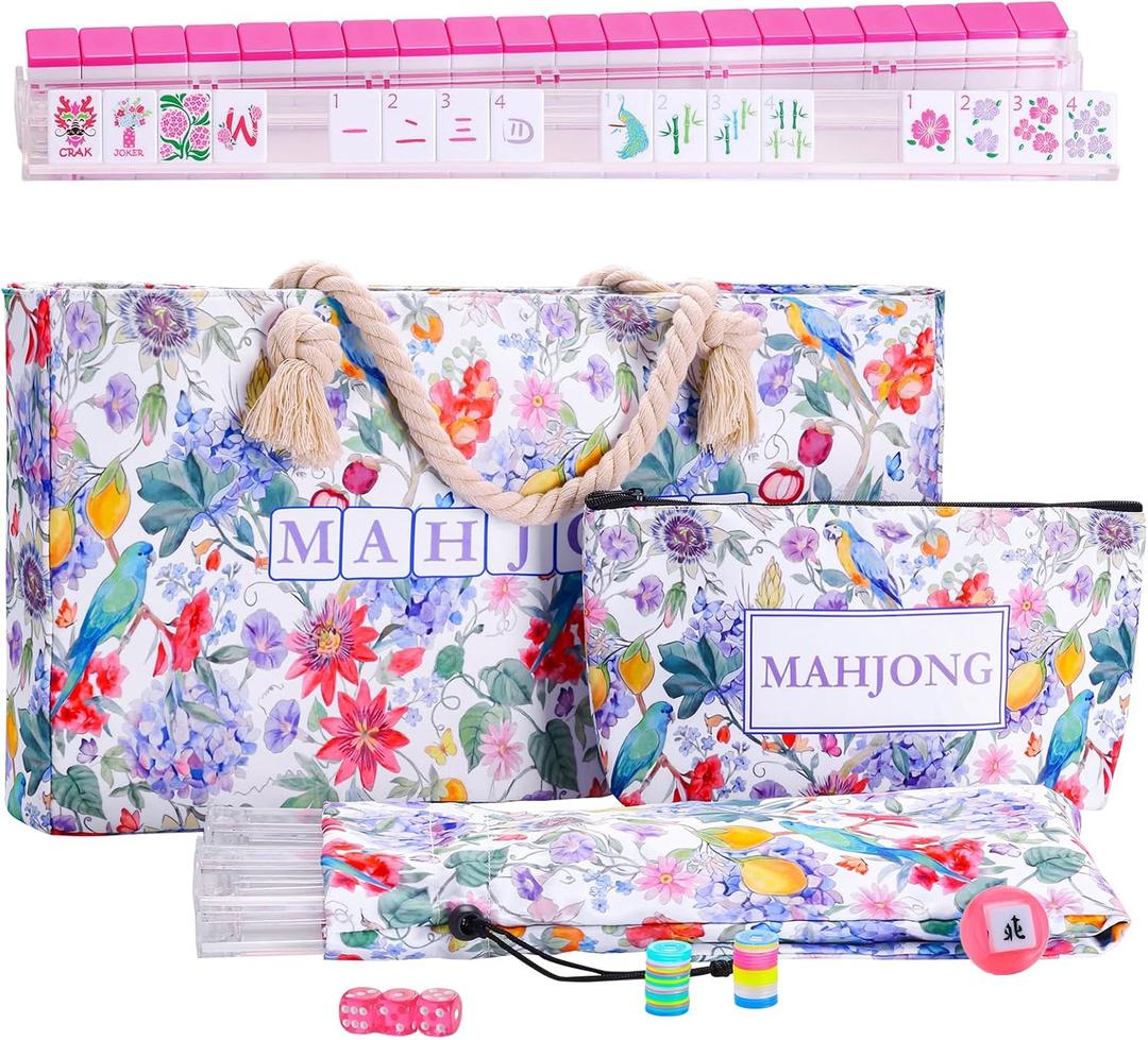 American Mahjong Set with160 Engraved Tiles(Floral), 4 Clear Racks with Pushers, Mahjong Bag and Accessories, Mahjong Tile Set for Beginners, Large Bag